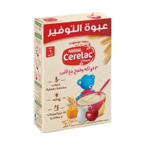 سيريلك 3 فواكه+وقمح+مع اللبن+ / Cerelac Infant Cereal with 3 Fruits Wheat & Milk
